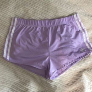Adidas lavender dolphin hem shorts, liner less, size S, 2 white stripes EUC